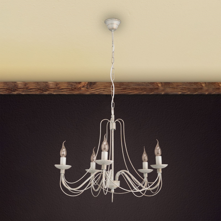 Lampadario a sospensione con catena VELA 5xE14/40W/230V diametro 60 cm bianco/oro/patina