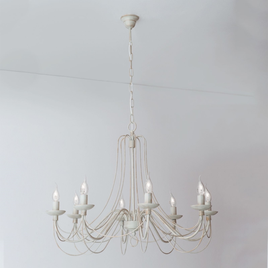 Lampadario a sospensione con catena VELA 8xE14/40W/230V diametro 80 cm bianco/oro/patina