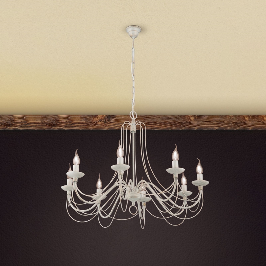 Lampadario a sospensione con catena VELA 8xE14/40W/230V diametro 80 cm bianco/oro/patina