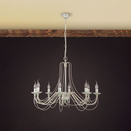 Lampadario a sospensione con catena VELA 8xE14/40W/230V diametro 80 cm bianco/oro/patina