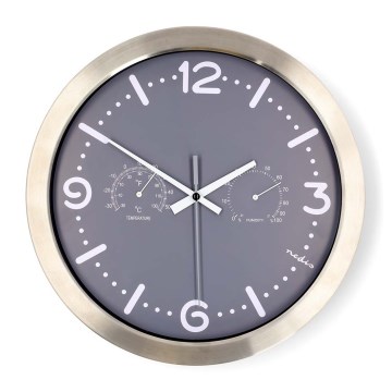 Orologio da parete con termometro e igrometro, diametro 30,5 cm, 1x AA, acciaio inossidabile/grigio