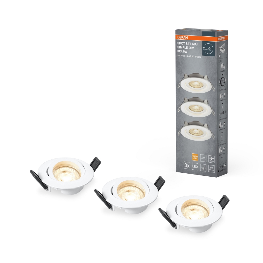 Osram - Set 3x dimmbare Einbau-LED-Spots 4,9W/230V 2700K Ø 8,7 cm weiß