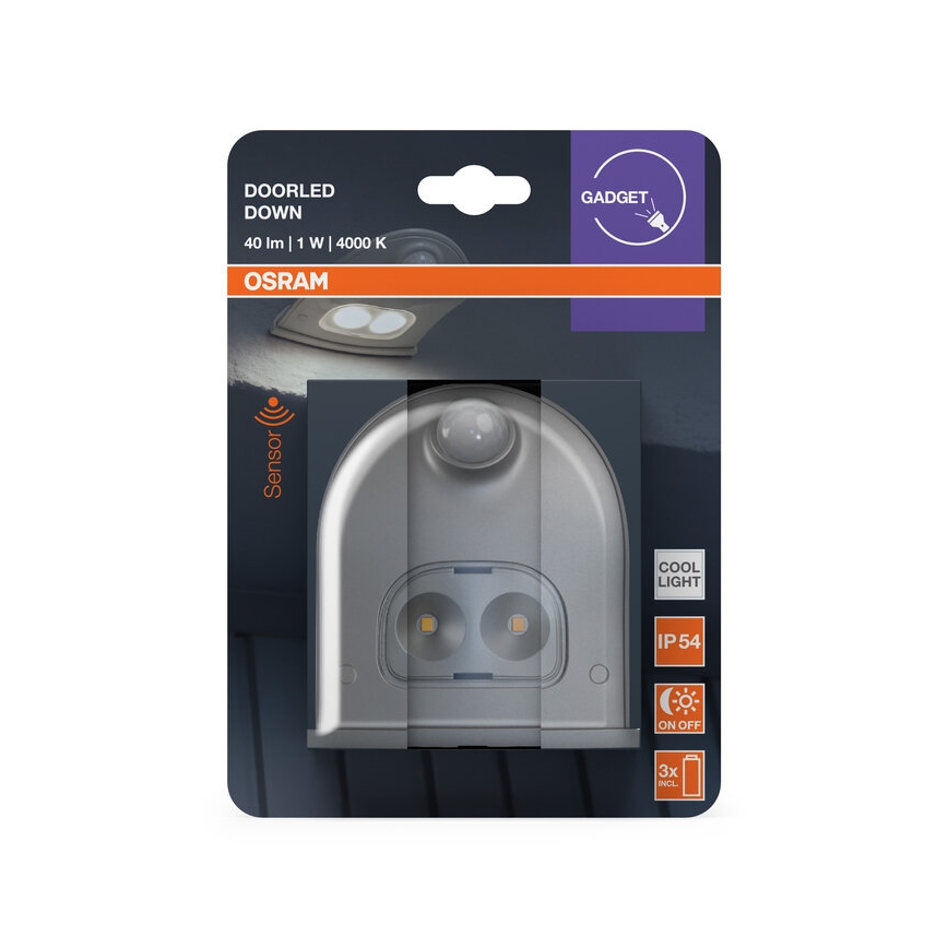 Osram - Lampada da parete per esterni con sensore DOORLED LED/0,5W/3xAA IP54 argento