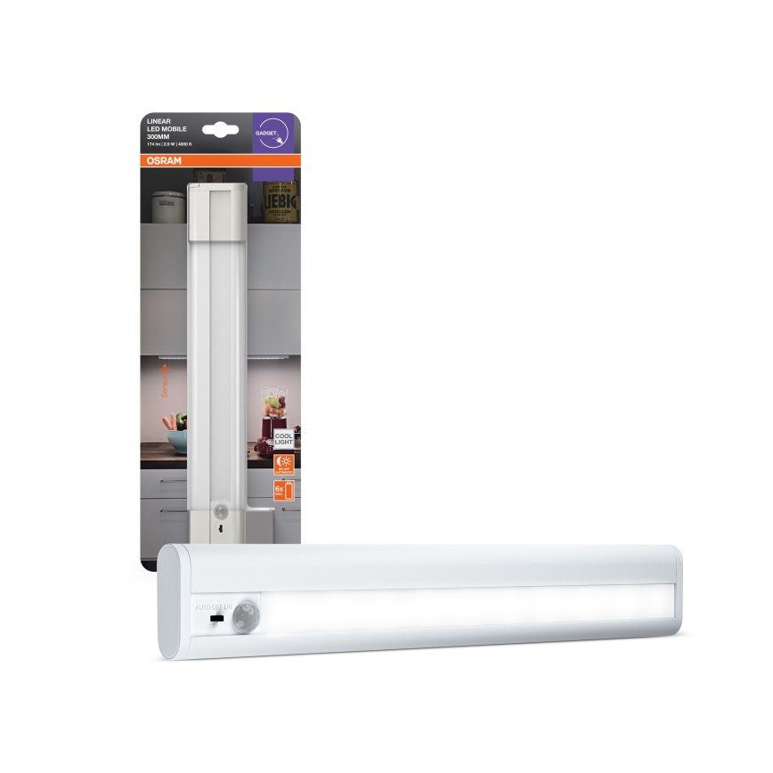 Osram - Lampada sottopensile LED LINEARLED con sensore di movimento e crepuscolare, 2,9 W / 9 V, 6xAA, 4000 K, 31,4 cm, bianco