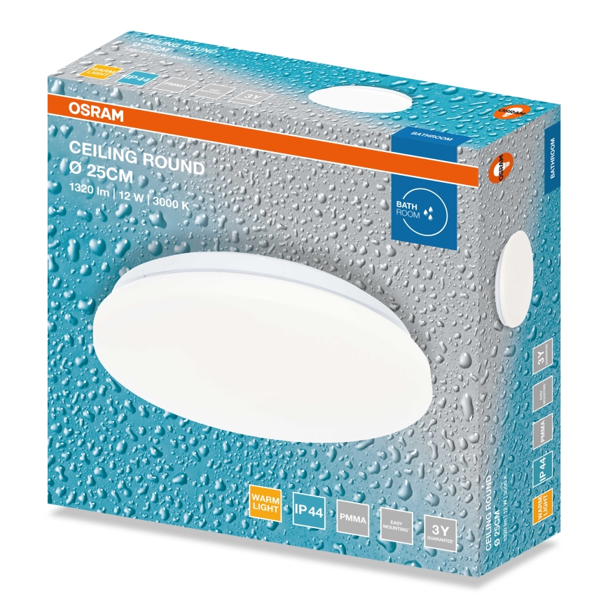 Osram - LED-Deckenleuchte für Badezimmer CEILING ROUND, 12 W, 230 V, 3000 K, Durchmesser 26 cm, IP44, weiß