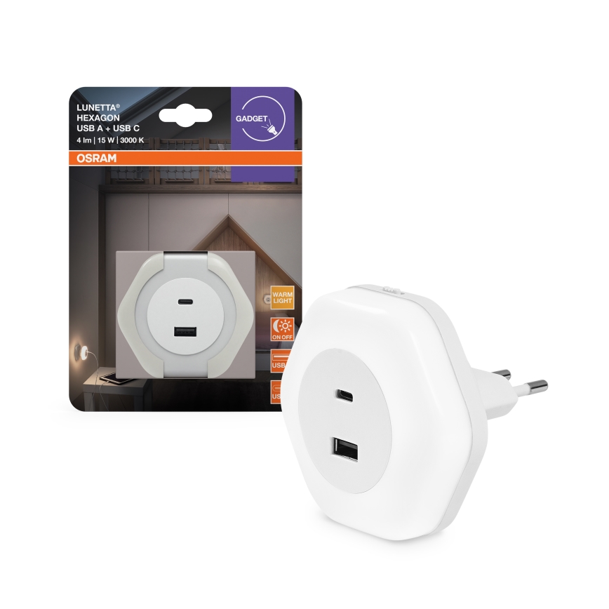 Osram - LED-Orientierungsleuchte für Steckdosen mit USB LUNETTA LED/15W/230V weiß