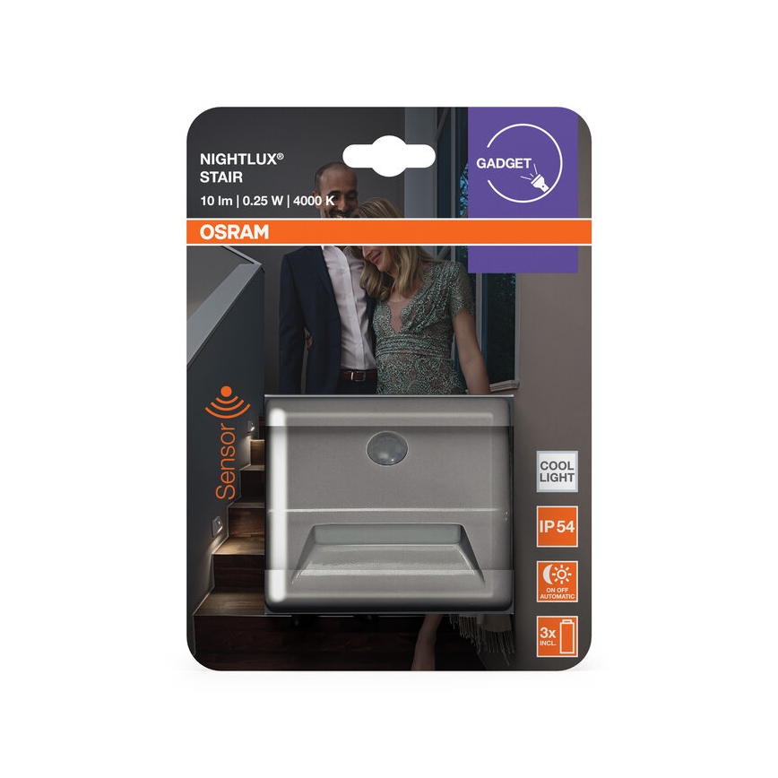 Osram - LED Treppenleuchte mit Sensor NIGHTLUX LED/0,25W/3xAAA IP54 silber