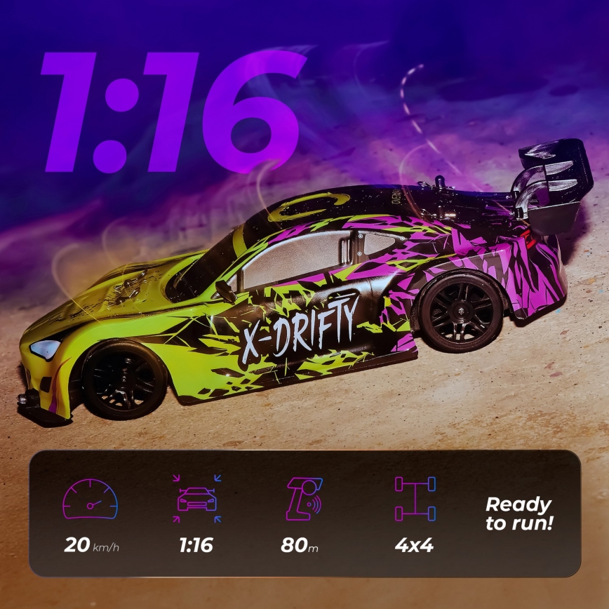 Overmax - voiture de drift radiocommandée X-DRIFT 1000 mAh jaune/violet