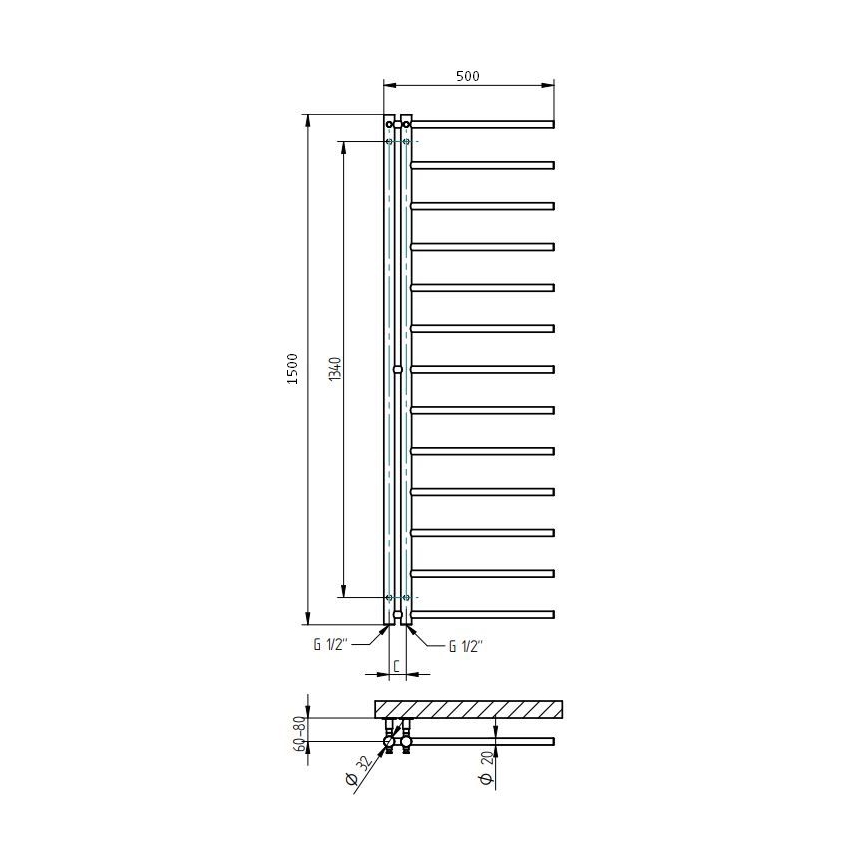 P.M.H. AP2W-L - Badezimmer-Handtuchheizkörper APOLLO 346 W 150 cm rechts/weiß
