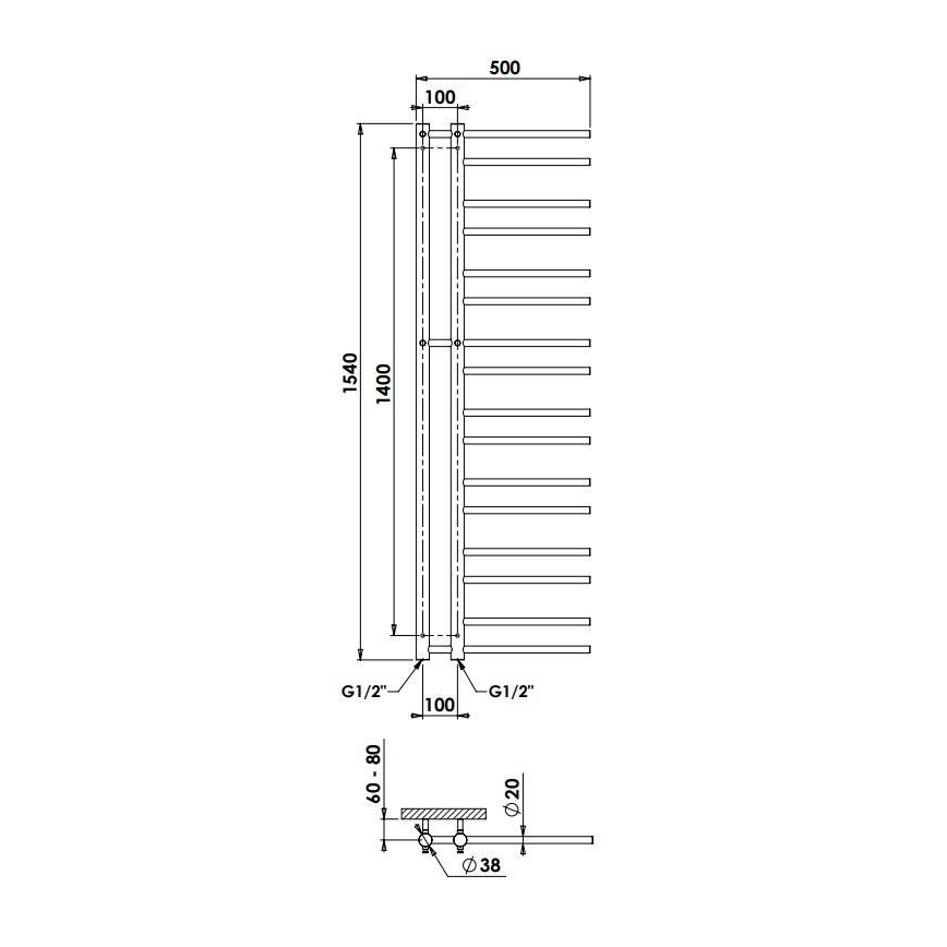 P.M.H. T2W-L - THEIA Handtuchheizkörper, Leiterform, 352 W, 154 cm, links/weiß