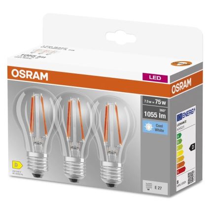 Pack de 3 ampoules LED BASE CLASSIC FILAMENT A60 E27/7,5W/230V 4000K - Osram