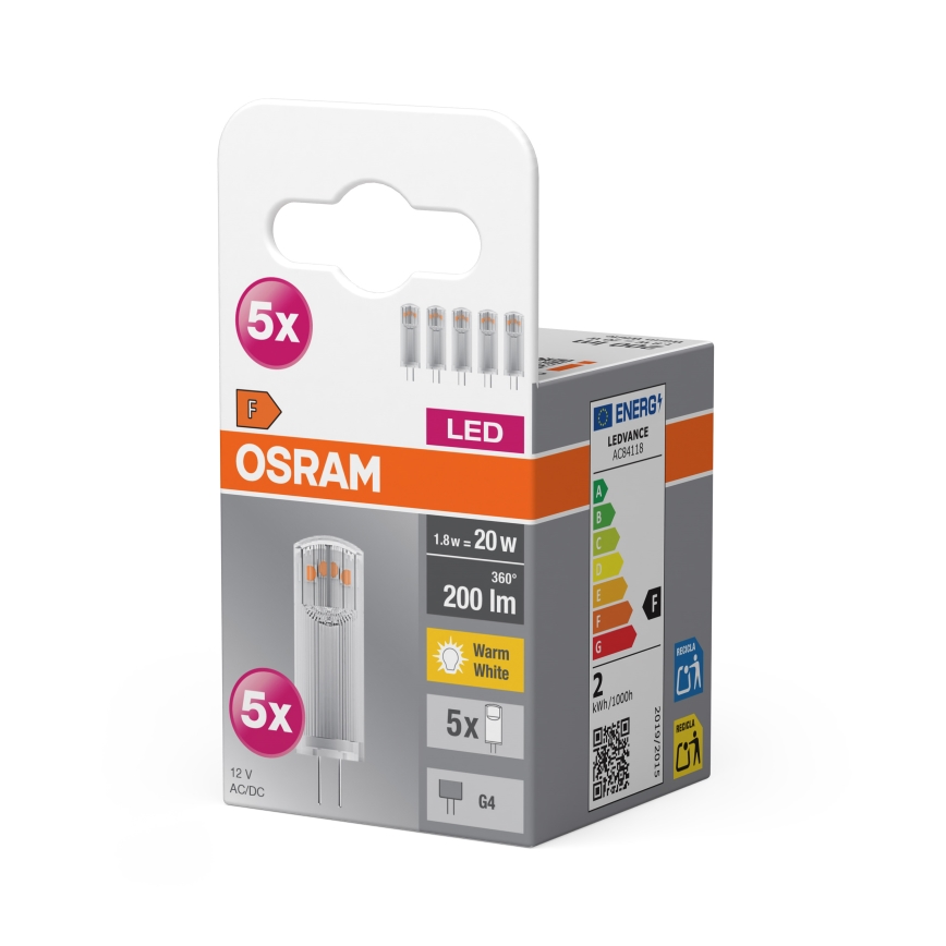 Pack de 5 ampoules LED à culot G4, 1,8 W / 12 V, 2700 K - Osram