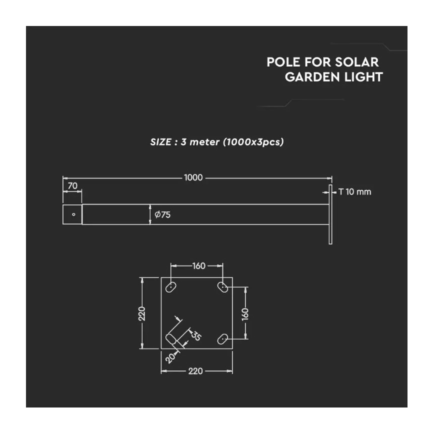 Palo in metallo con supporto per luce solare 3 m