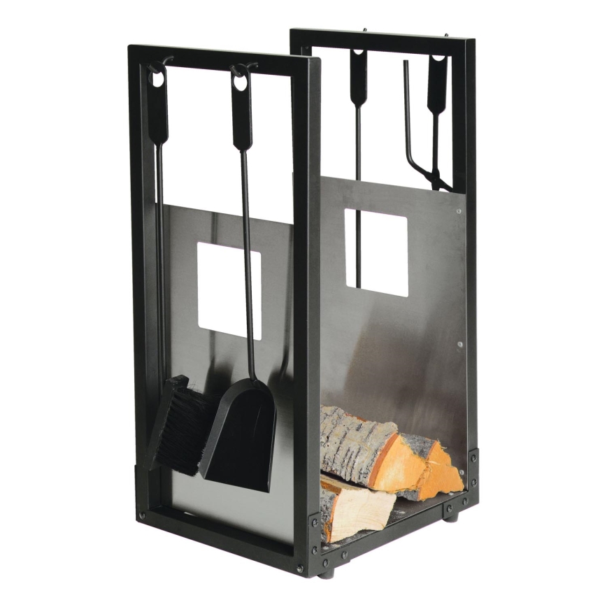 Panier à bois avec outils de cheminée 5 pce noir