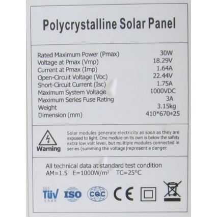 Pannello fotovoltaico policristallino 30 W / 12 V