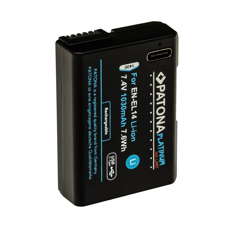 PATONA - Accumulatore Nikon EN-EL14/EN-EL14A 1030mAh Li-Ion Platinum USB-C di ricarica
