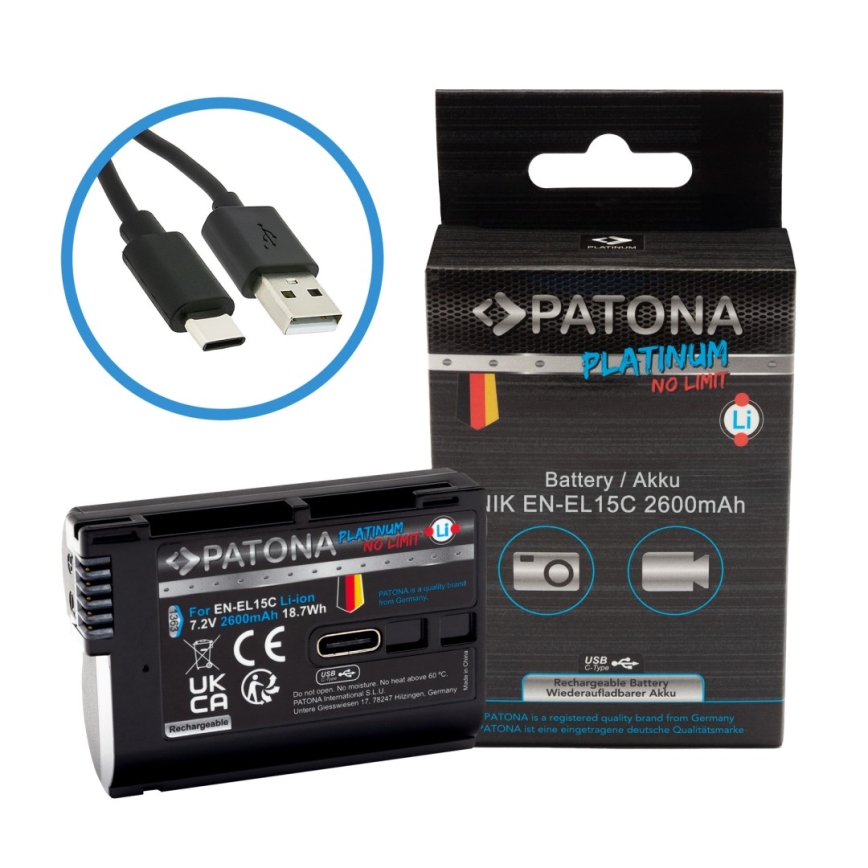 PATONA - Batteria Platinum Li-Ion 2600 mAh per Nikon EN-EL15C con USB-C
