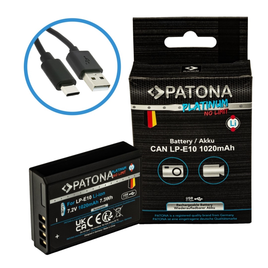 PATONA - Batterie Canon LP-E10 1020mAh Li-Ion Platinum Chargement USB-C