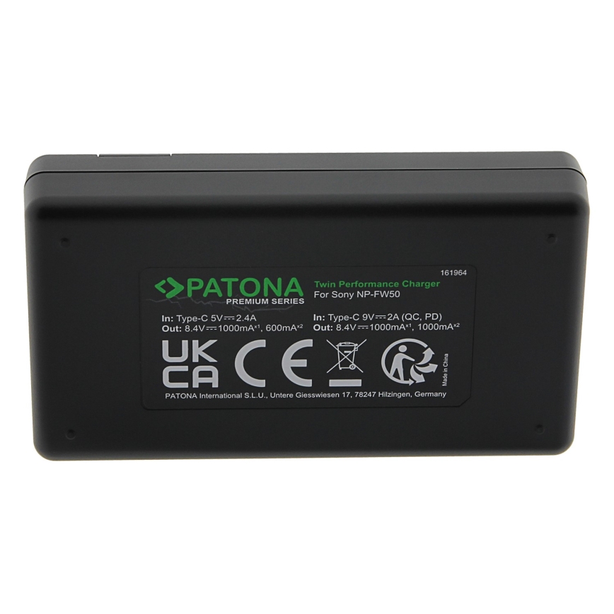 PATONA - Caricabatterie rapido Dual Sony NP-FW50 + cavo USB-C 0,6m