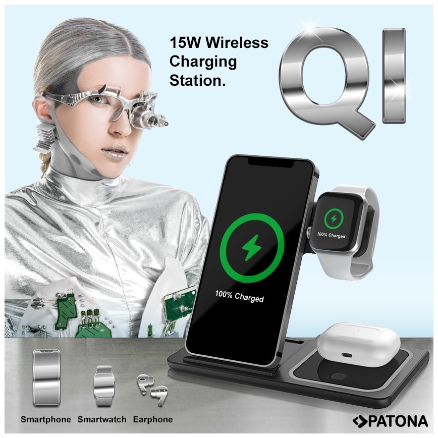 PATONA - Caricabatterie wireless 3in1 per iPhone nero