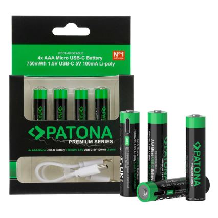 PATONA - LOT 4x Batterie AAA/LR03 Li-Pol 500mAh 1,5V avec USB-C charge