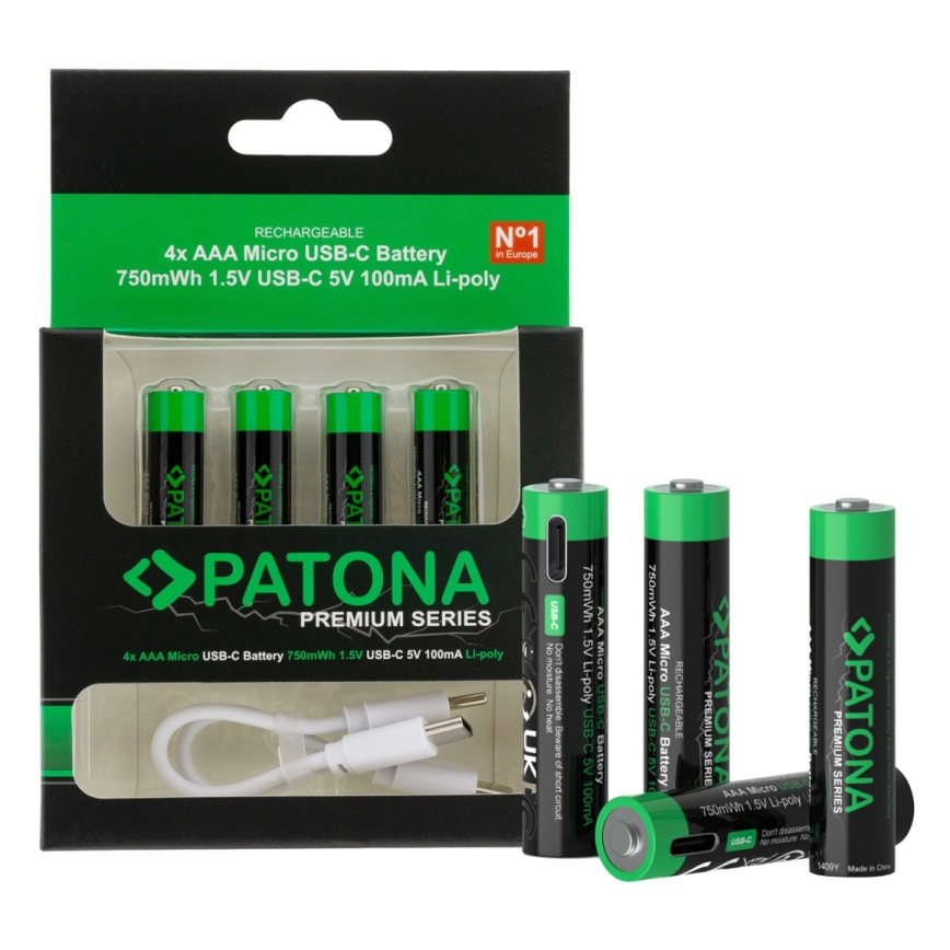 PATONA - LOT 4x Batterie AAA/LR03 Li-Pol 500mAh 1,5V avec USB-C charge