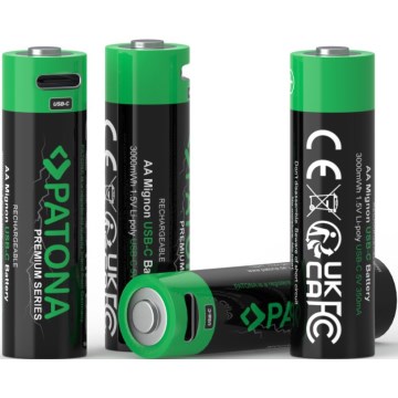 PATONA - LOT 4x Piles AA/LR6 Li-Pol 2000mAh 1,5V avec charge USB-C
