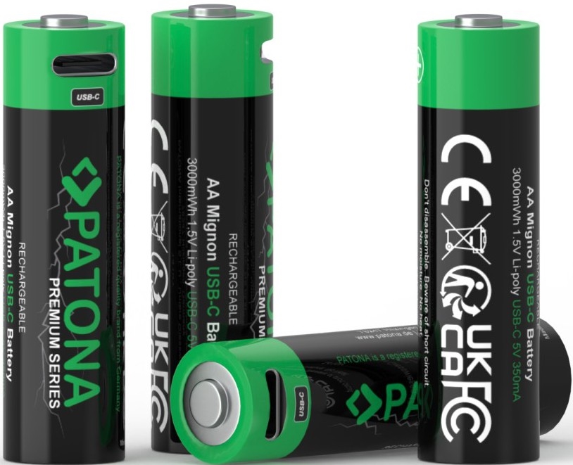 PATONA - SET 4x Akku AA/LR6 Li-Pol 2000mAh 1,5Vs mit USB-C Aufladung