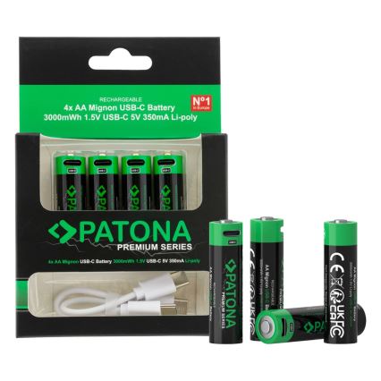 PATONA - SET 4x Akku AA/LR6 Li-Pol 2000mAh 1,5Vs mit USB-C Aufladung