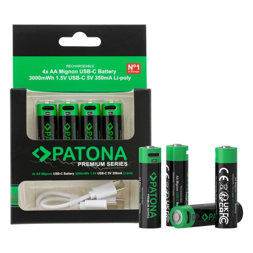 PATONA - SET 4x Akku AA/LR6 Li-Pol 2000mAh 1,5Vs mit USB-C Aufladung
