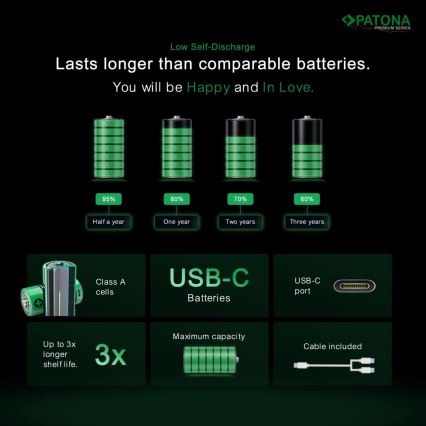 PATONA - SET 4x Akku AA/LR6 Li-Pol 2000mAh 1,5Vs mit USB-C Aufladung