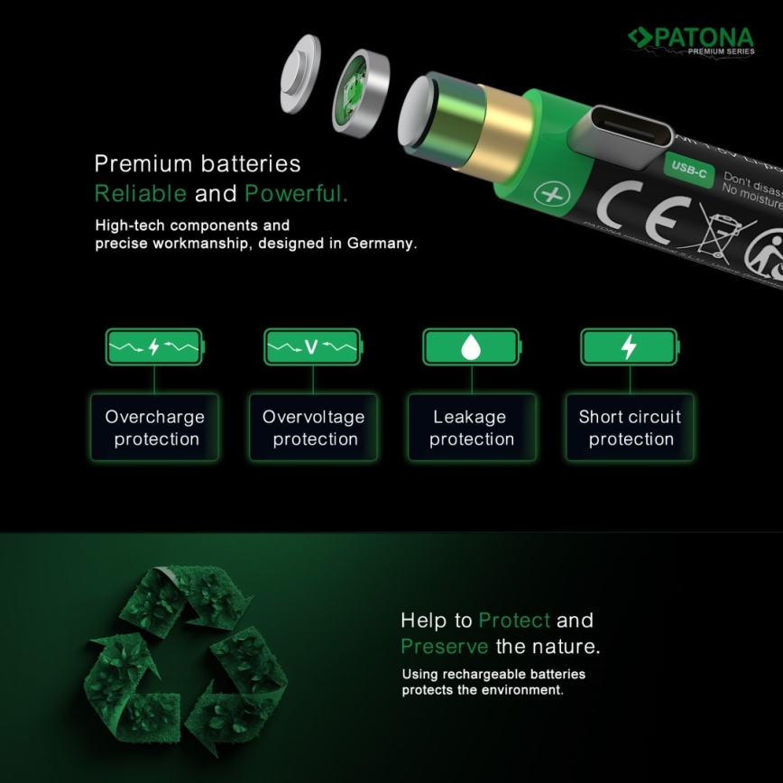 PATONA - SET 4x Akku AA/LR6 Li-Pol 2000mAh 1,5Vs mit USB-C Aufladung