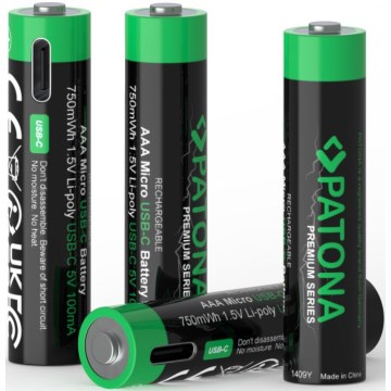 PATONA - SET 4x Akku AAA/LR03 Li-Pol 500mAh 1,5V mit USB-C Aufladung