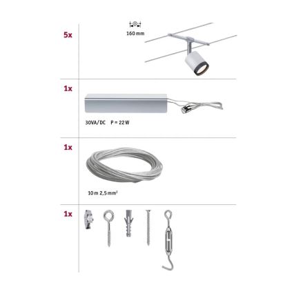 Paulmann 3981 - Set 5x LED/4W Komplettes Seilsystem TUBE 230V mattchrom/schwarz
