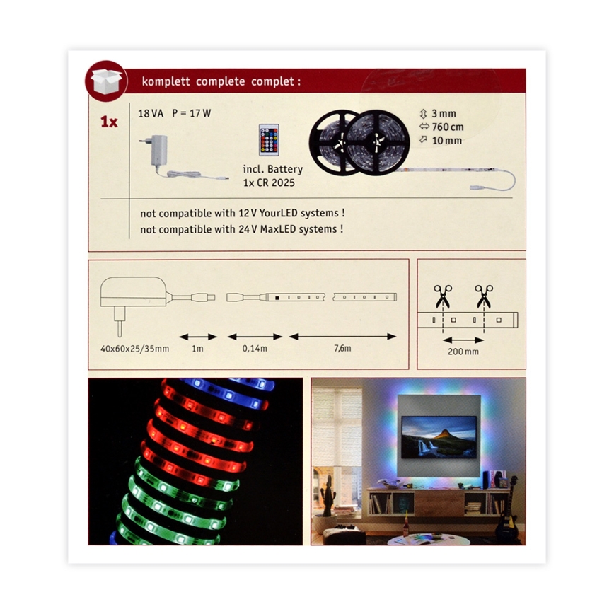 Paulmann 70514 -  Striscia LED RGB/15W dimmerabile SIMPLED 7,5m 230V + TC
