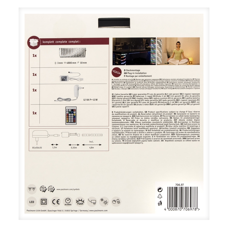 Paulmann 70697 - Ruban LED RGBW/10,5W à intensité variable DIGITAL 4,8m 230V + Télécommande