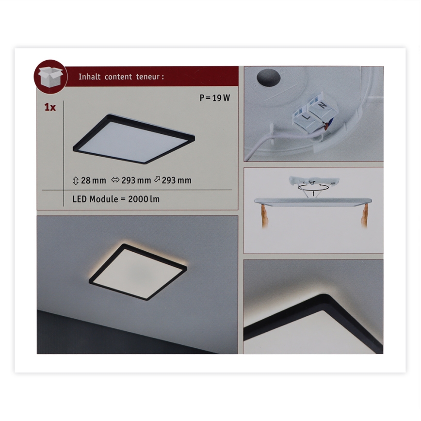 Paulmann 71001 - Panneau en saillie LED/16W ATRIA 230V 3000K 29,3x29,3 cm noir