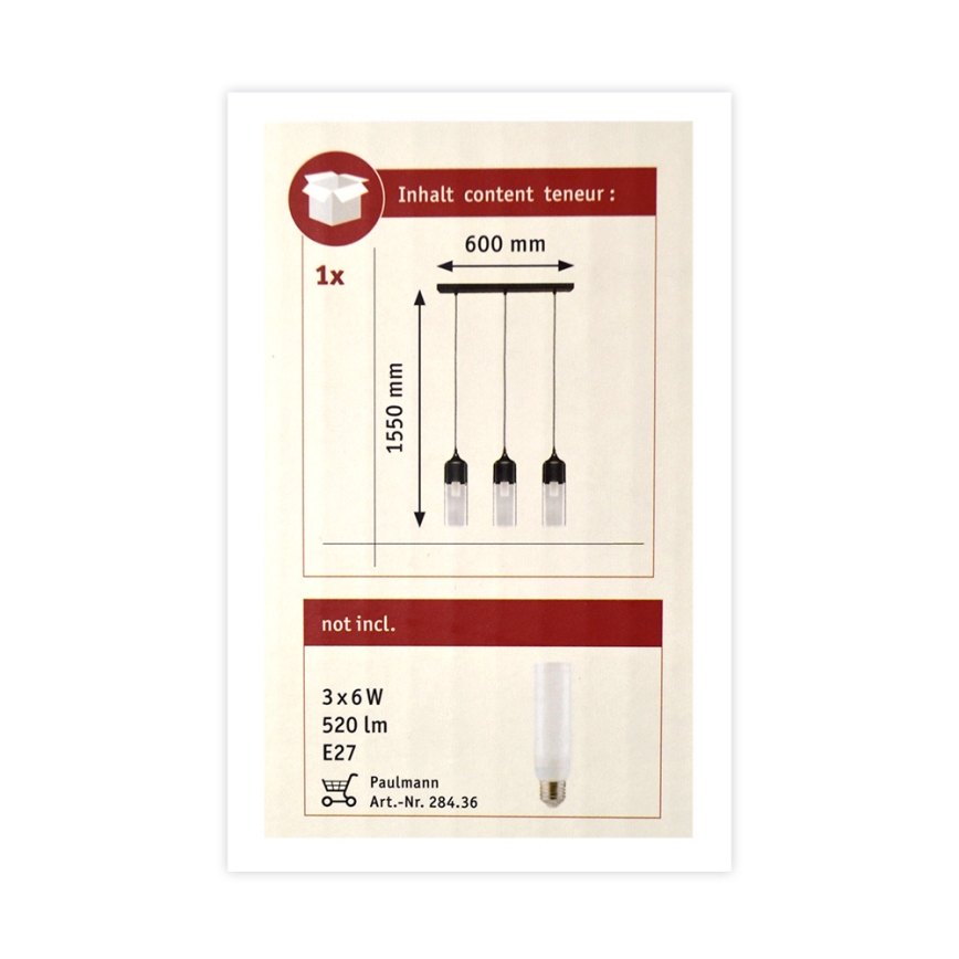 Paulmann 79642 - Suspension avec fil NEORDIC 3xE27/60W/230V