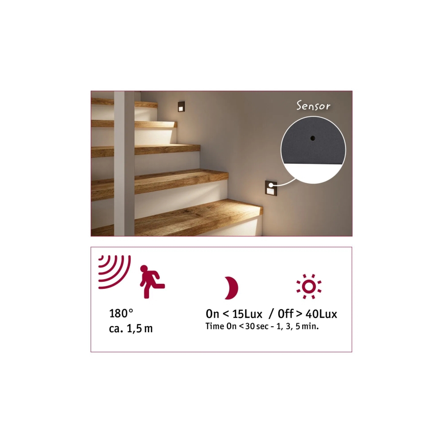 Paulmann 80004 - Spot d'escalier avec détecteur LED/1W TSARO 230V Lead/noir