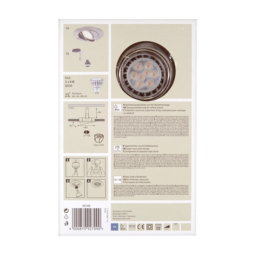 Paulmann 92709 - SET 3xLED Einbauleuchte 3xGU10/8W/230V