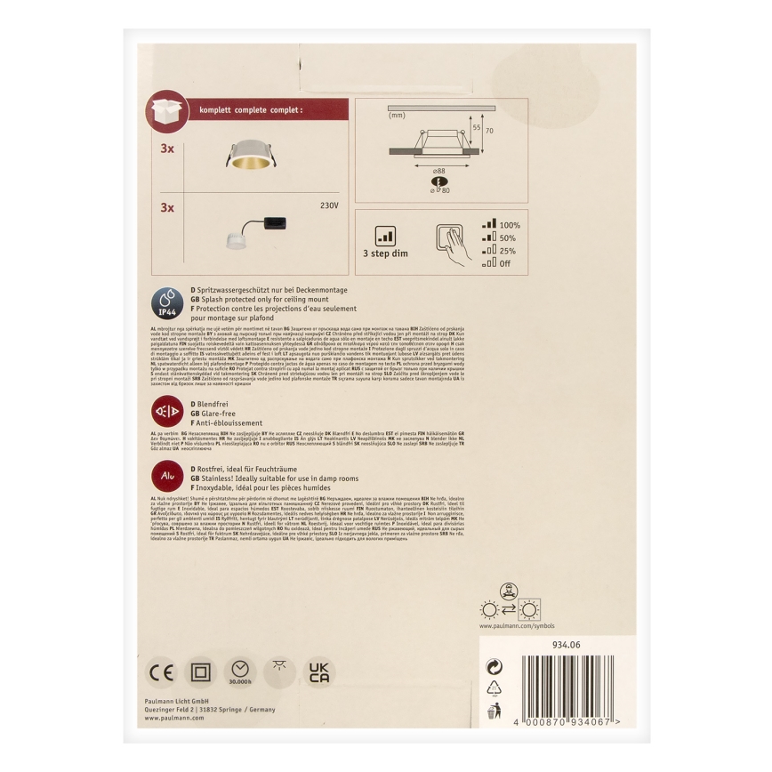 Paulmann 93406 - SET 3xLED/6,5W IP44 Luminaire de salle de bain encastrable à intensité variable COLE 230V
