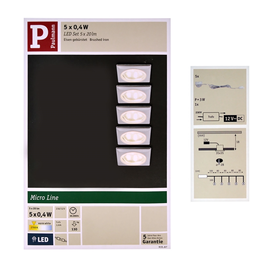 Paulmann 93587 - SET 5xLED/0,4W Einbauleuchte 12V/230V 2700K