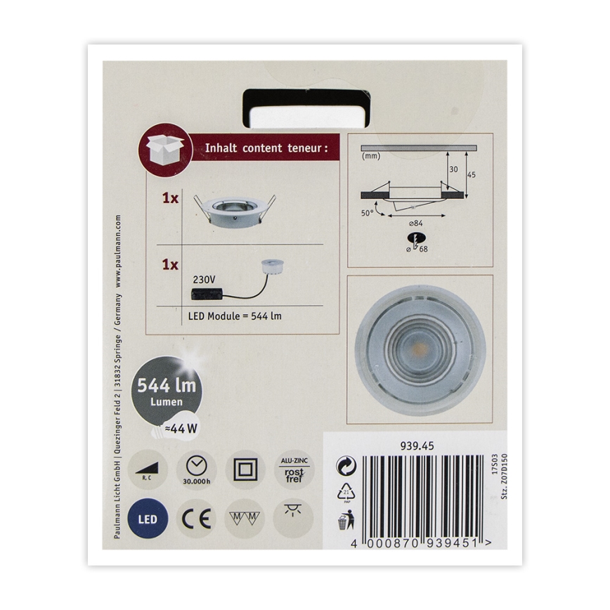 Paulmann 93945 - LED/6,8W IP23 Dimmbare Badezimmer-Einbauleuchte COIN 230V
