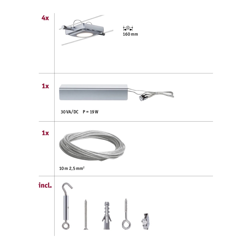 Paulmann 94107 - Ensemble 4xLED/4,3W - système de suspension par câble complet MAC 230V - chrome mat