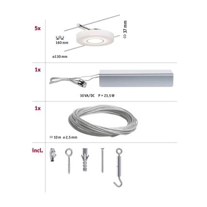 Paulmann 94109 - SET 5xLED/4,3W Komplettes Seilsystem MAC 230V weiß