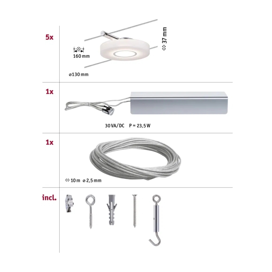 Paulmann 94109 - SET 5xLED/4,3W Komplettes Seilsystem MAC 230V weiß