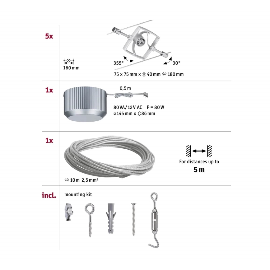 Paulmann 94133 - SET 5xGU5,3/10W Faretto per sistema di corde MAC 230V cromo opaco