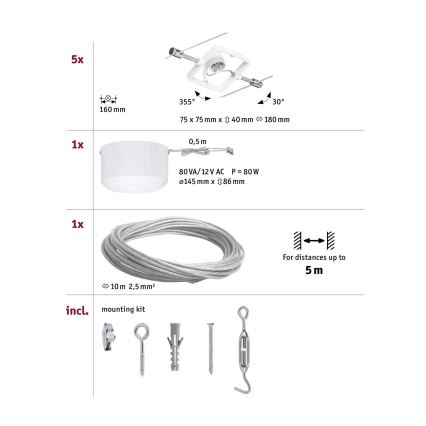 Paulmann 94134 - ENSEMBLE 5xGU5,3/10W Système complet sur câble MAC 230V blanc