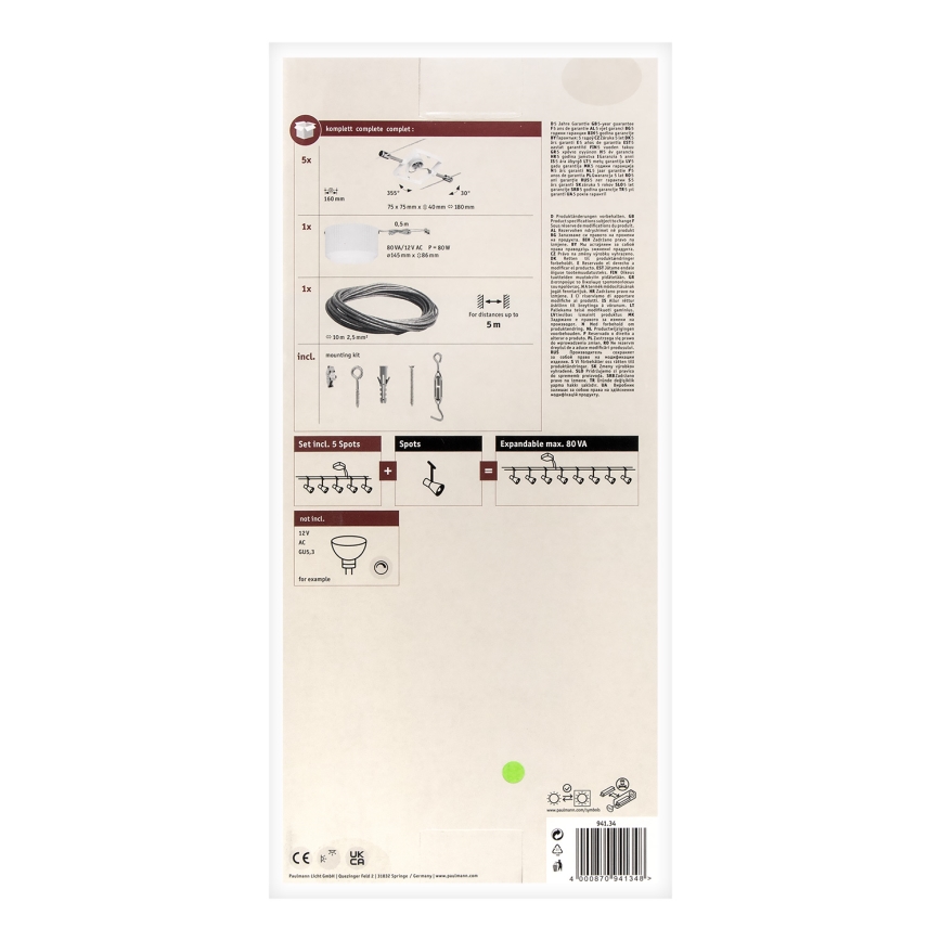 Paulmann 94134 - ENSEMBLE 5xGU5,3/10W Système complet sur câble MAC 230V blanc