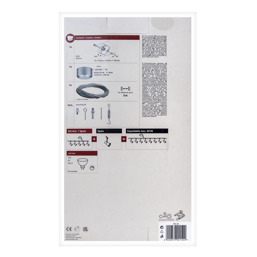 Paulmann 94152 - KIT 7x GU5,3/10W Système complet sur câble MAC 230V chrome mat